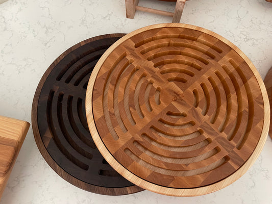 Round Bread Board with Crumb Catcher, Removable End-Grain Insert, 13 Inch
