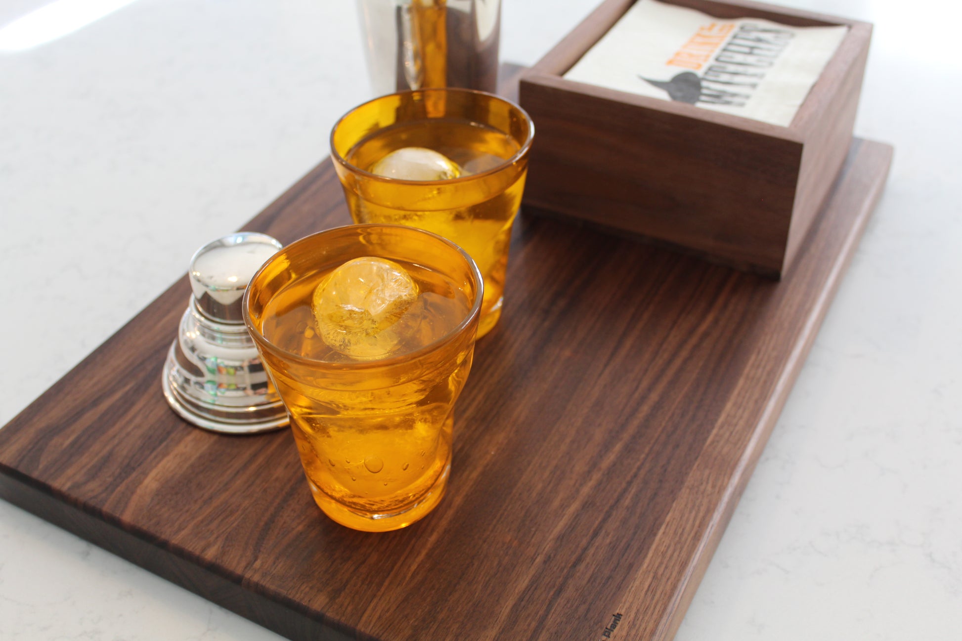 Walnut Cutting Board with drinks.